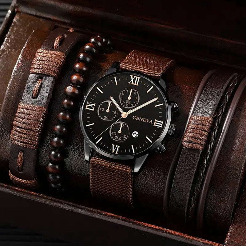 Relógios de Luxo quartzo + conjunto com 3  pulseiras, relógio para homens negócios moda casual ponteiro redondo calendário relógio acessórios